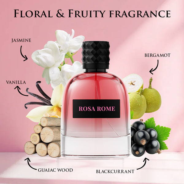 ROSA ROME fragrance pyramid notes - blackcurrant pear jasmine rose vanilla musk women's perfume