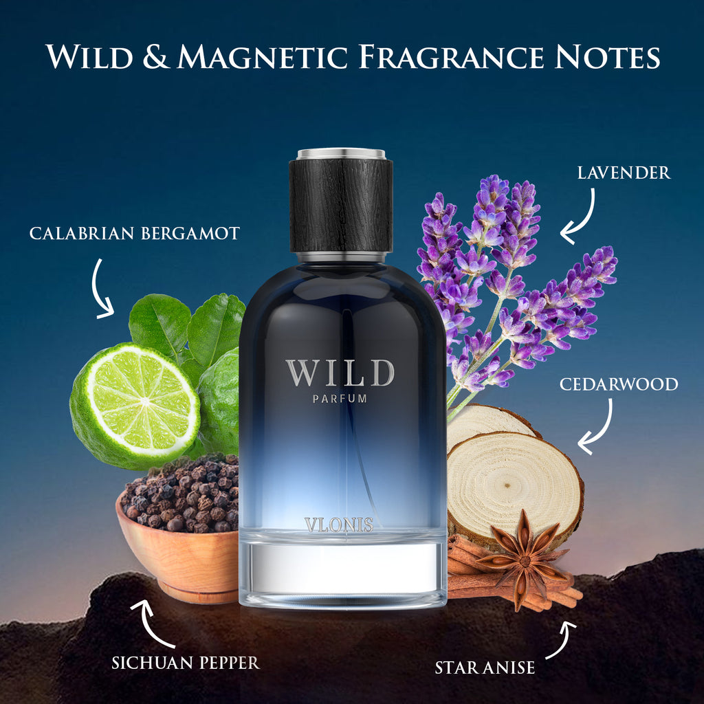 VLONIS WILD fragrance pyramid notes chart - bergamot lavender black pepper cedarwood amber musk