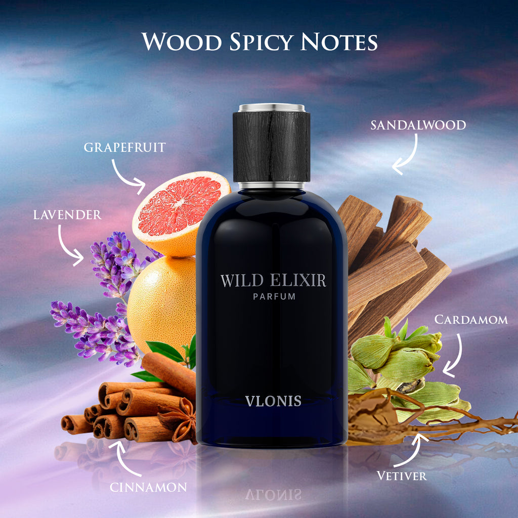 VLONIS WILD ELIXIR fragrance pyramid notes - bergamot pink pepper cinnamon oud sandalwood amber vanilla