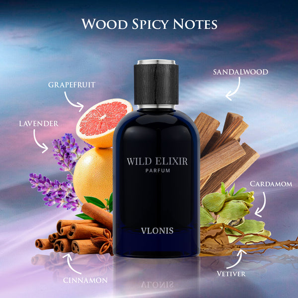 VLONIS WILD ELIXIR fragrance pyramid notes - bergamot pink pepper cinnamon oud sandalwood amber vanilla
