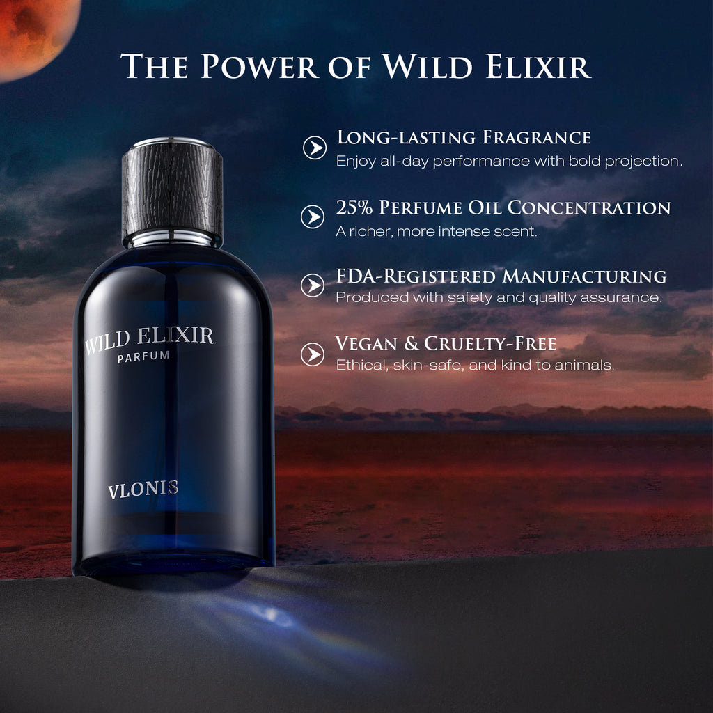 VLONIS WILD ELIXIR premium glass bottle detail - luxury affordable men's Eau de Parfum Intense