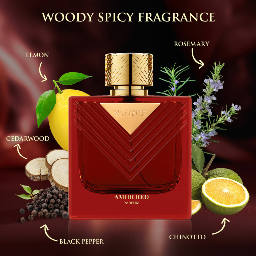 AMOR RED fragrance pyramid notes chart - lemon bitter orange black pepper cedarwood vetiver vanilla