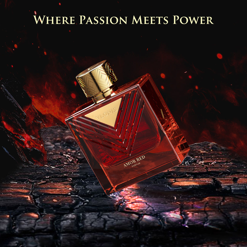 VLONIS AMOR RED deep red cologne bottle close-up - passionate seductive men's scent